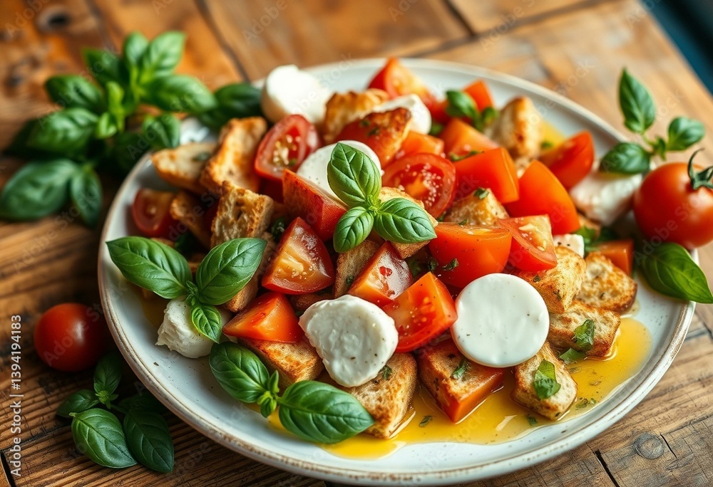A delicious Panzanella Salad with a colorful medley of ingredients A delicious Panzanella Salad with a colorful medley of ingredients