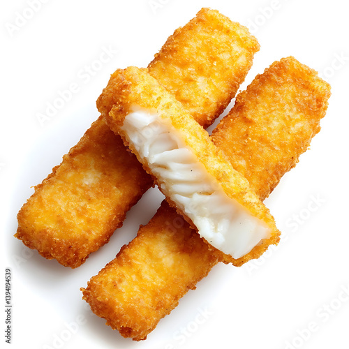 Golden and crispy fish fingers with a perfectly fried coating and tender fish inside, isolated white background, hyperrealism art style
