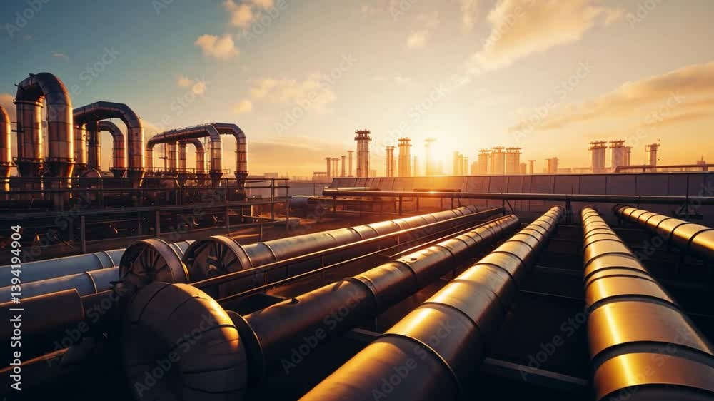 Industrial Sunset: A sprawling industrial complex of metallic pipes and structures basks in the warm light of sunset, a testament to the scale and complexity of modern industry.