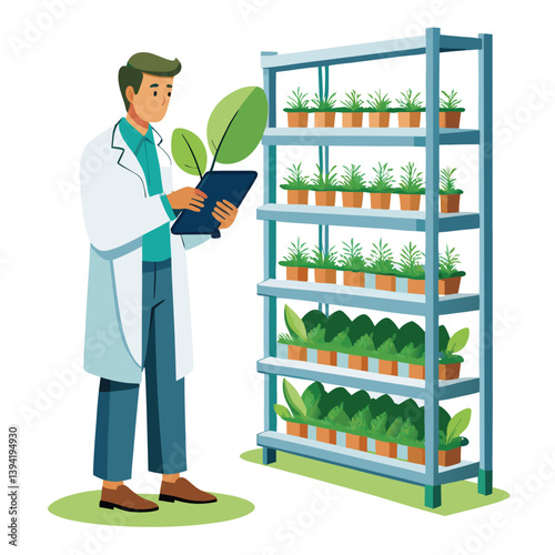 scientist-inspecting-vertical-farming-racks vector