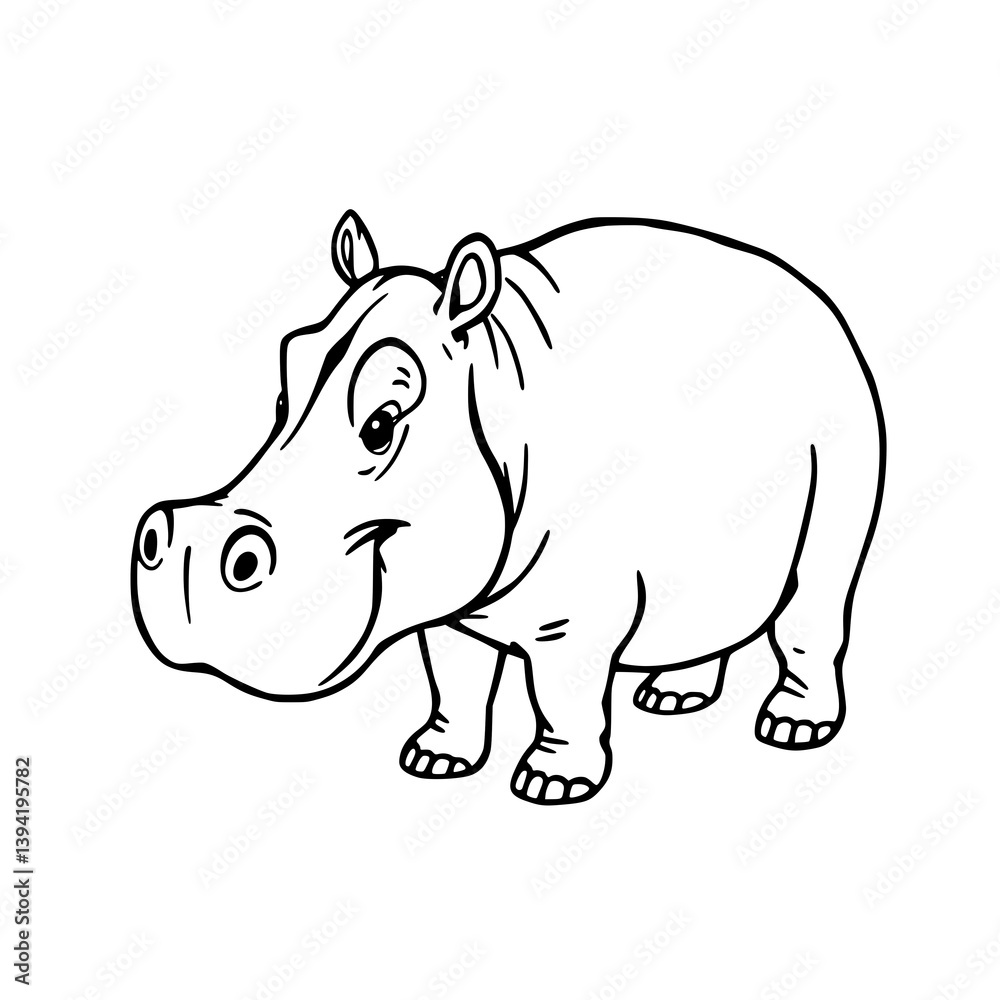 Fototapeta premium Outline drawing of a cartoon hippopotamus standing and looking forward with a slight smile on a white background