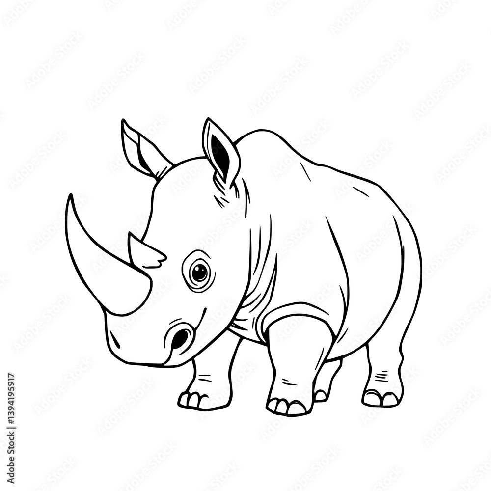 Fototapeta premium Rhino illustration: A charming cartoon illustration of a rhinoceros stands in a simple, graphic style, highlighting the animal's key features like its horn and distinctive shape.