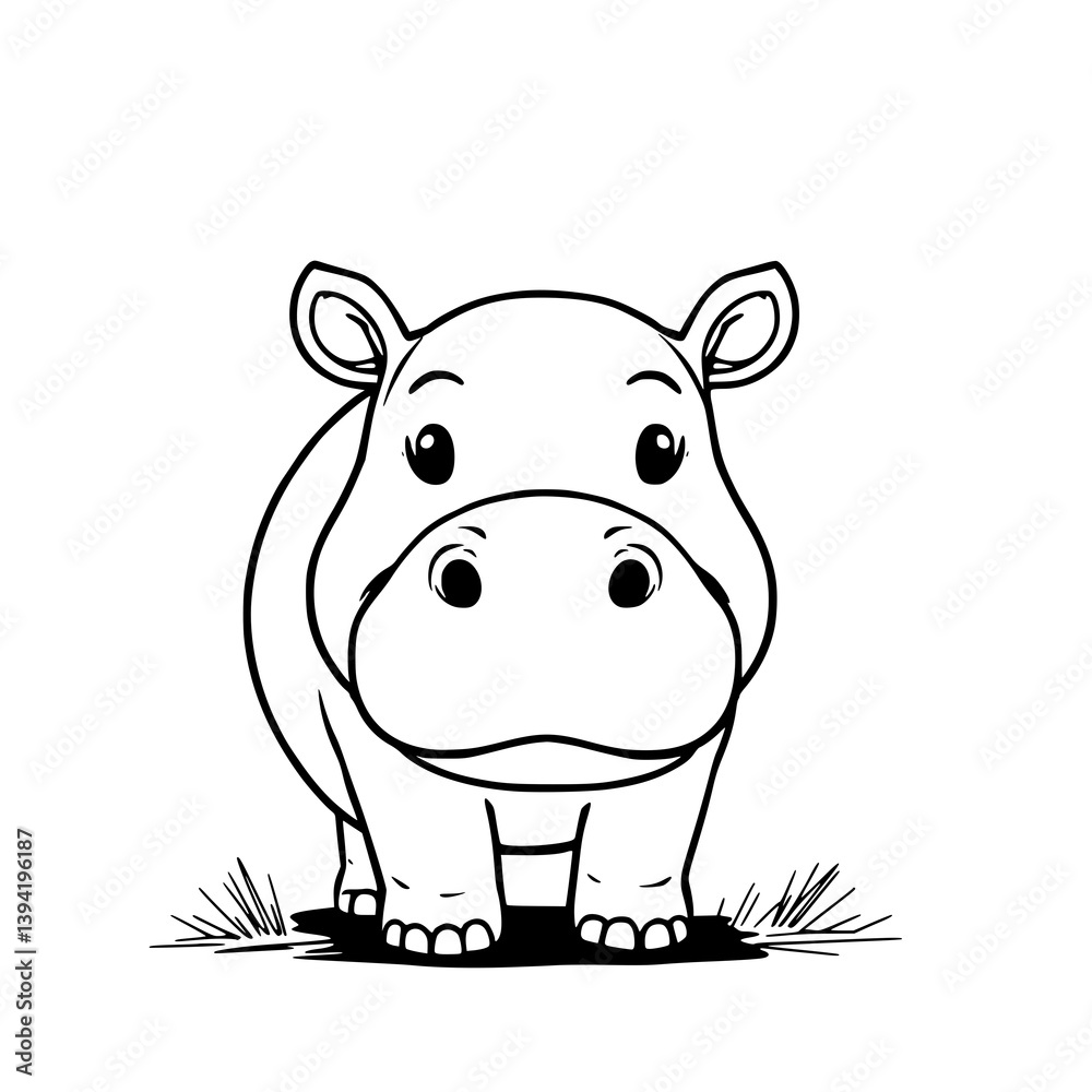 Fototapeta premium Outline drawing of a small, cute cartoon hippopotamus standing on a sparse patch of grassy ground, facing forward