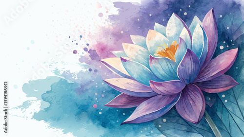 Watercolor lotus flower in vibrant blue and purple, symbolizing enlightenment and purity for Vesak with copy space  
