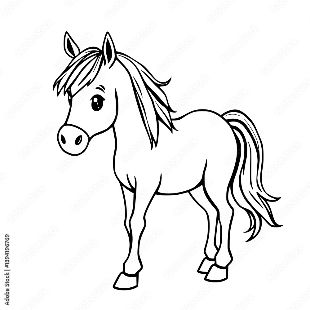 Fototapeta premium Cute Pony Illustration: A charming illustration of a friendly pony. This simple, line-art design is perfect for adding a touch of whimsy to any project. 