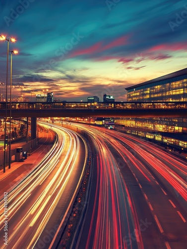 Night city highway at sunset.  Busy highway with streaks of light from cars