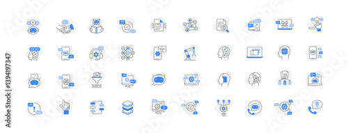 AI Customer Service and Omnichannel Support Systems. chatbots, sentiment analysis, automated replies, multilingual support, and escalation workflows. Editable Stroke and Color Scheme.