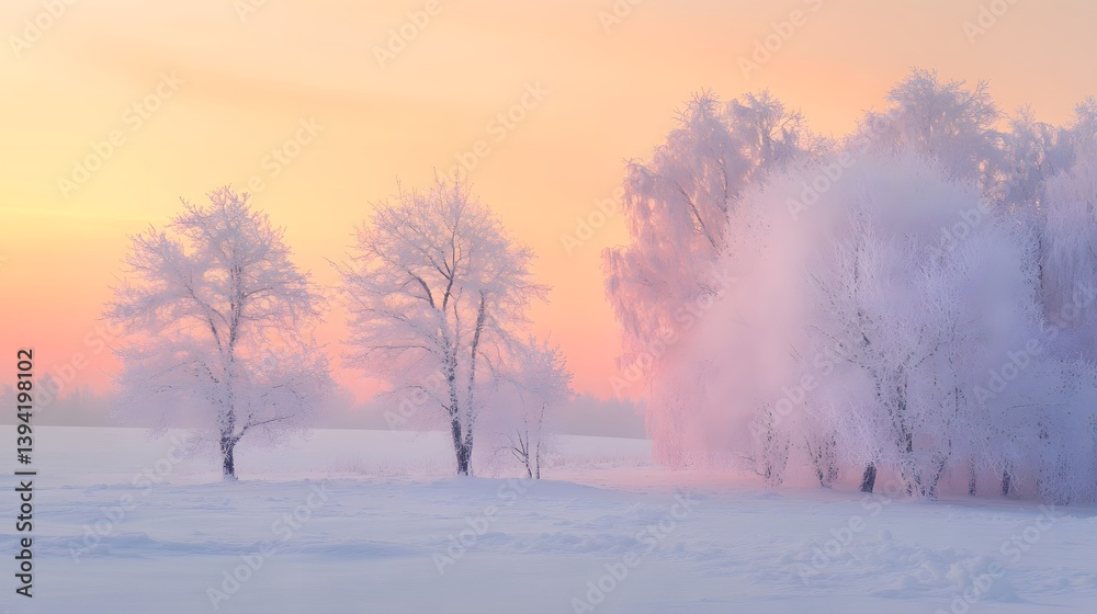 Fototapeta premium Winter Frost: A serene winter scene, where trees are elegantly adorned with frost, bathed in the soft, pastel hues of a winter sunrise.