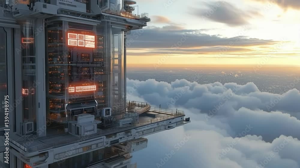 A stunning view showcases an impressive structure floating above the clouds. The building features transparent walls glowing with lights, set against a breathtaking sunset that highlights the horizon.