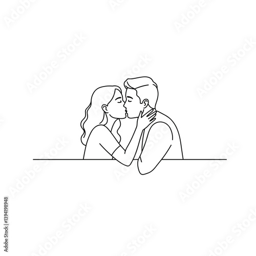 Romantic couple kissing on a date with simple line art  