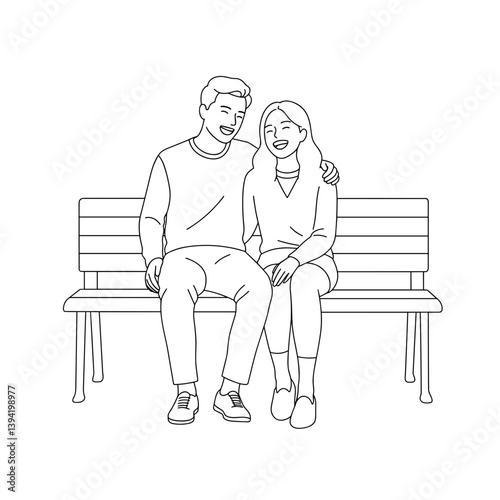 Laughing couple embracing on a bench in a park  