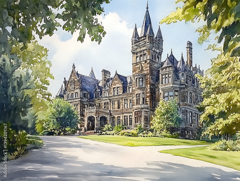 Obraz premium Castle Watercolor Landscape