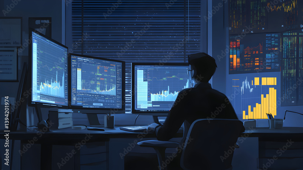 analyst working late in an office, surrounded by reports and dual monitors displaying charts analyst working late in an office, surrounded by reports and dual monitors displaying charts