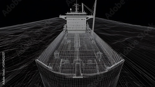 Wireframe model of a large cargo ship.  Detailed 3D digital render of a vessel's hull and superstructure