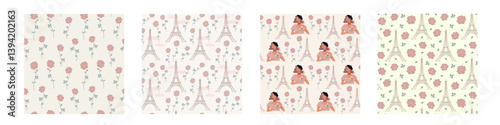 Set of romantic seamless patterns with beautiful women, Eiffel towers and blooming flowers. Summer wallpaper in a flat style. Repeat textures for textile or wrapping paper with people and roses.