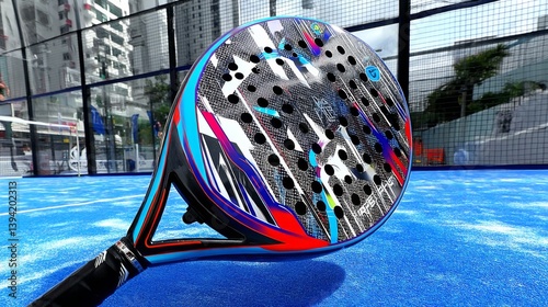 Colorful padel racket resting on a blue court surface