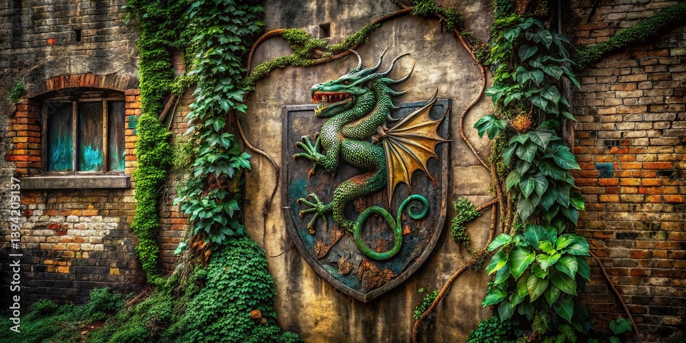 Obraz premium Hidden Urban Majesty Majestic Dragon Shield Coat of Arms Graffiti Art in a City Exploration Adventure