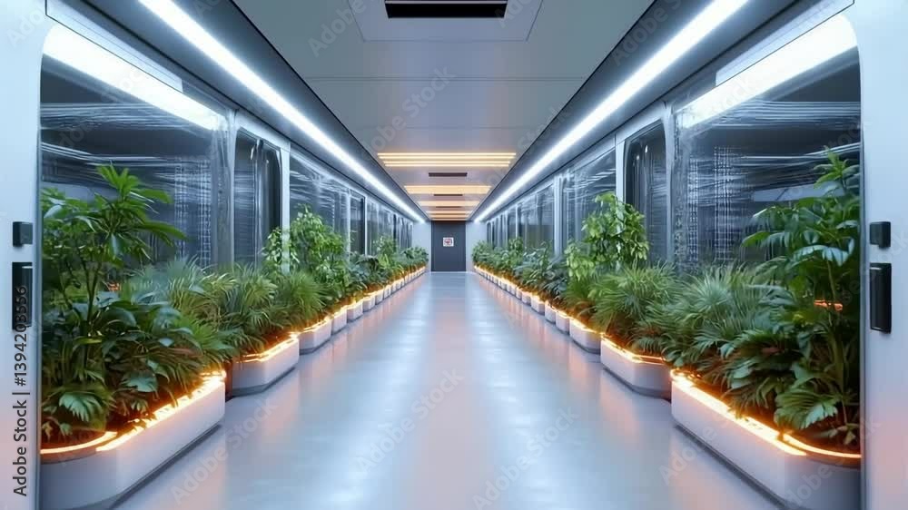 Amidst a sleek corridor illuminated by soft lights, lush plants thrive in futuristic containers, showcasing a blend of nature and cutting-edge technology that inspires tranquility and innovation.