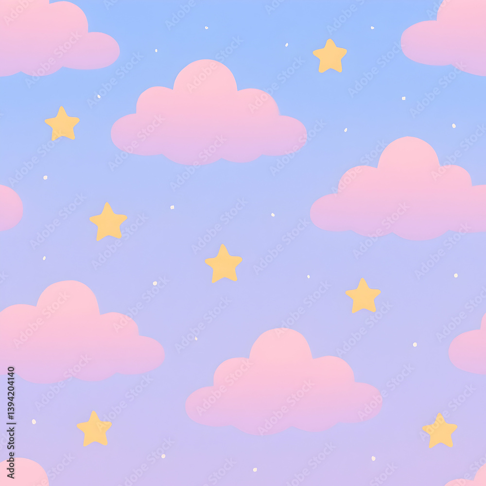 Obraz premium Seamless pattern of floating pink clouds and stars in a dreamy sky environment
