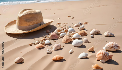 A straw hat rests on a sandy beach with seashells scattered nearby and the calm ocean in view.