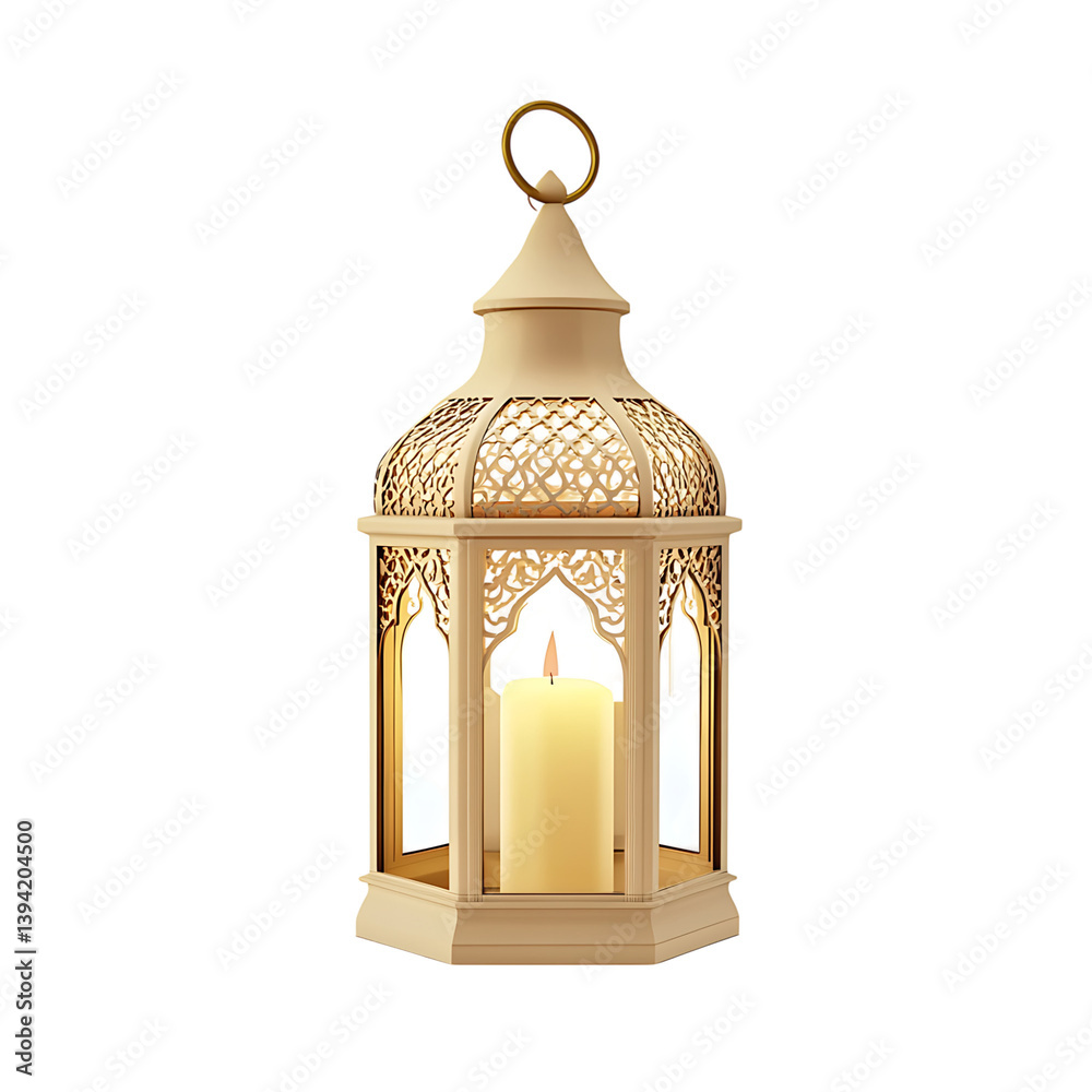 A detailed 3D illustration of an ornate lantern with floral cutouts and a lit candle inside, presented in a symmetrical design and isolated against a black background
