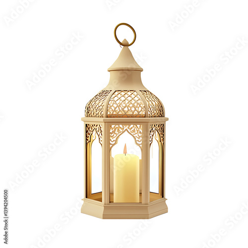 Obraz na płótnie A detailed 3D illustration of an ornate lantern with floral cutouts and a lit candle inside, presented in a symmetrical design and isolated against a black background w salonie