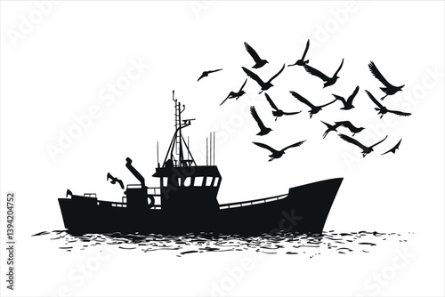 Fishing Boat and bird Silhouettes set