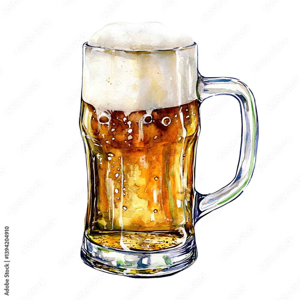 A watercolor painting of a tall glass of beer filled with golden liquid and a thick foamy head, isolated on black with scattered droplets and textured shading