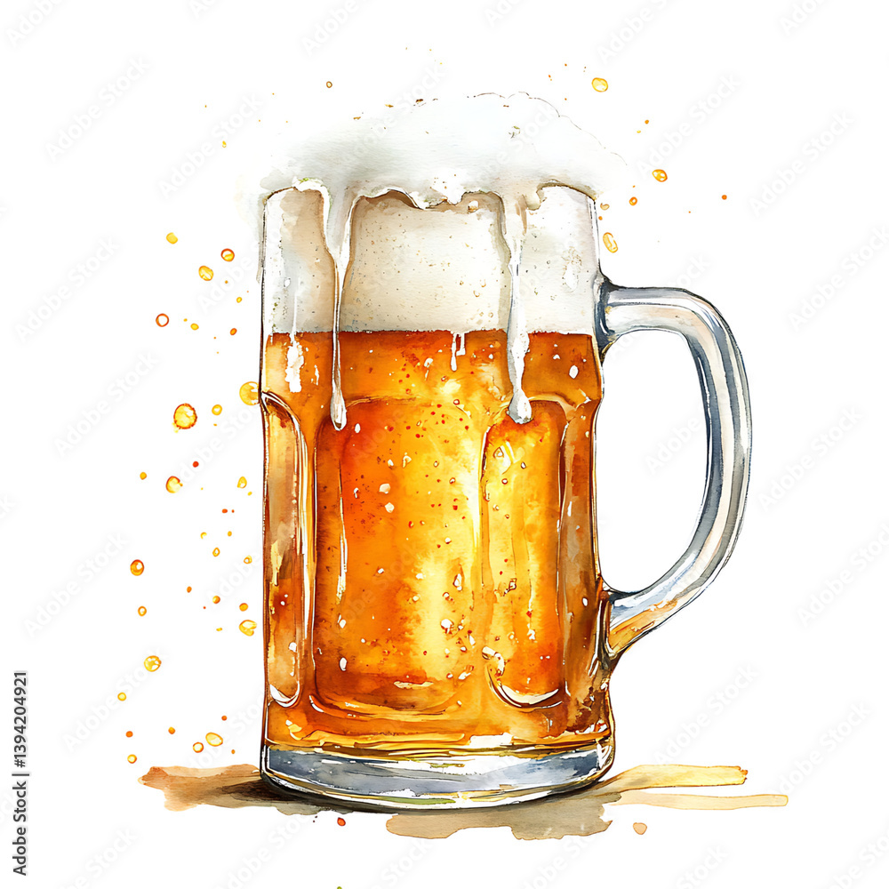 A watercolor painting of a tall glass of beer filled with golden liquid and a thick foamy head, isolated on black with scattered droplets and textured shading