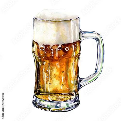 Obraz na płótnie A watercolor painting of a tall glass of beer filled with golden liquid and a thick foamy head, isolated on black with scattered droplets and textured shading w salonie