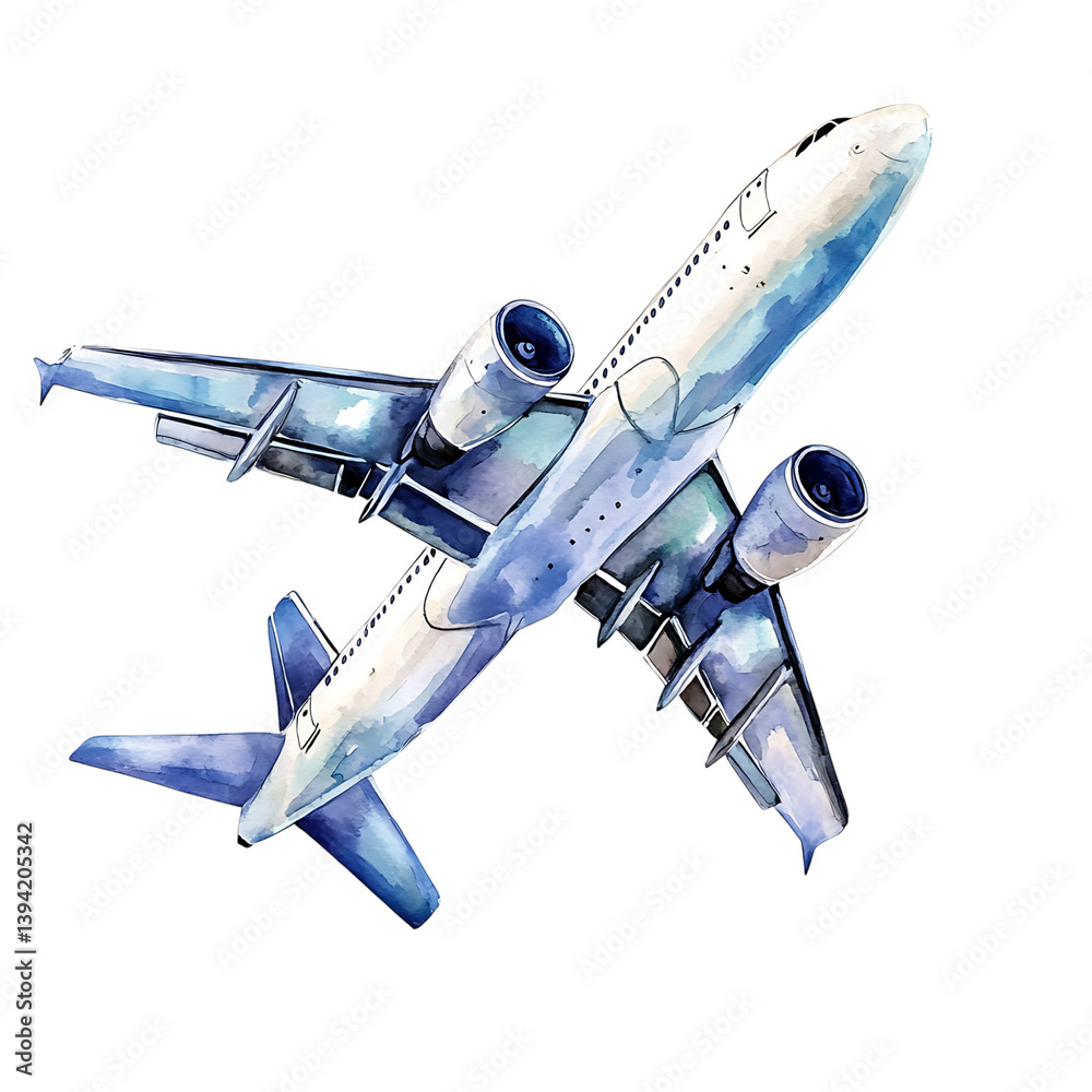 A watercolor-style illustration of a commercial passenger airplane in flight with extended landing gear, tilted upward and isolated against a black background