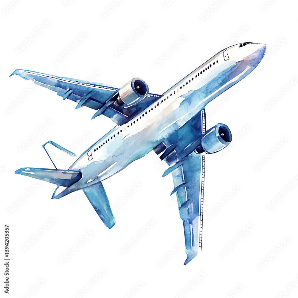 A watercolor-style illustration of a commercial passenger airplane in flight with extended landing gear, tilted upward and isolated against a black background