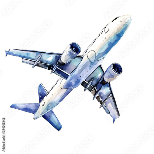  A watercolor-style illustration of a commercial passenger airplane in flight with extended landing gear, tilted upward and isolated against a black background