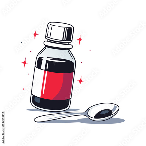 Vector illustration of a medicine bottle with a spoon, featuring red highlights and sparkles, representing liquid treatment and healthcare dosage.