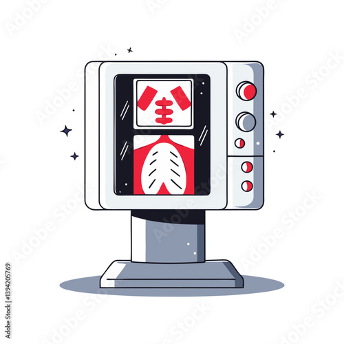 Vector illustration of a medical X-ray machine displaying ribs and lungs with red highlights, symbolizing diagnostics, radiology, and internal health.