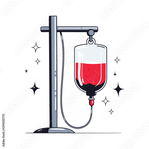 Vector illustration of a hanging IV blood bag on a stand with sparkles, symbolizing transfusion, emergency care, and medical treatment.