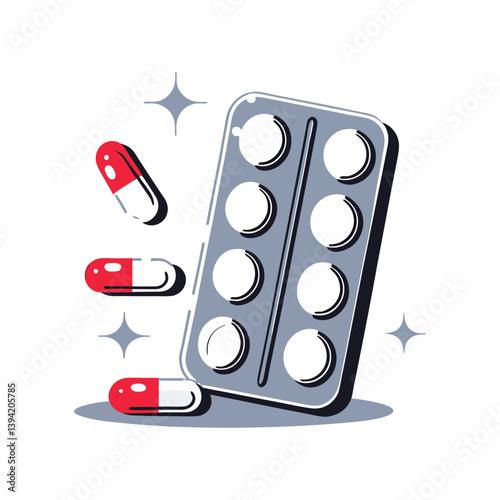Vector illustration of a medicine blister pack with falling red and white capsules, symbolizing treatment, dosage, and pharmaceutical care.