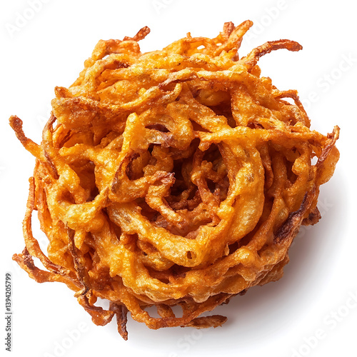 Golden and crispy onion bhajis with a perfectly fried exterior and soft interior, isolated white background, modern art style