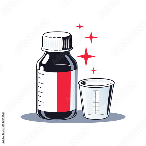 Vector illustration of a medicine bottle with a dosing cup and red highlights, symbolizing liquid medication, dosage, and healthcare.
