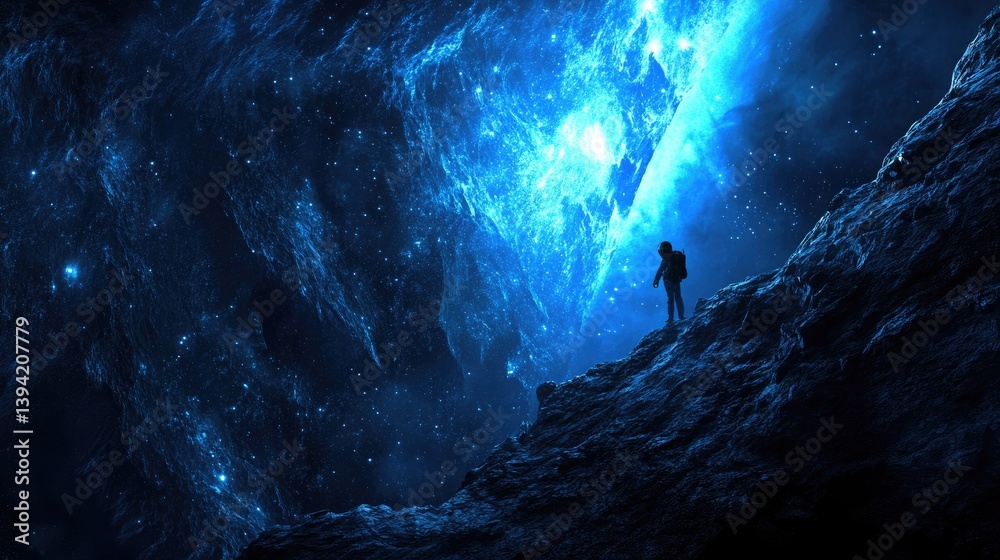 Fototapeta premium Astronaut on alien mountain gazing at a vibrant nebula