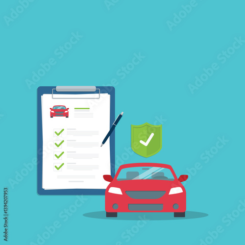 Car insurance document, report. Paper agreement checklist or loan checkmarks form list approved with automobile icon, vehicle financial, car dealership legal deal.	