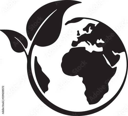 Earth and Leaf Silhouette Icon – Eco Friendly Globe Symbol for Nature and Sustainability