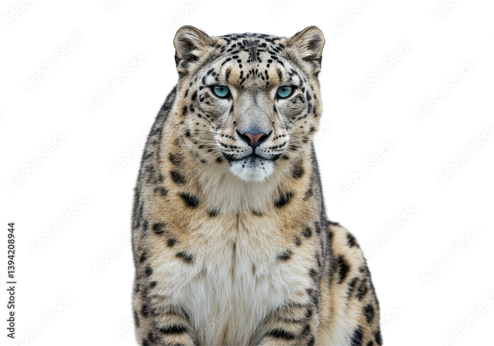 Fototapeta premium Majestic snow leopard gazing directly at the viewer in a serene environment