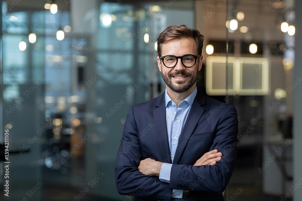 A smiling, confident businessman in a navy suit stands with arms crossed in a modern office setting. A smiling, confident businessman in a navy suit stands with arms crossed in a modern office setting.
