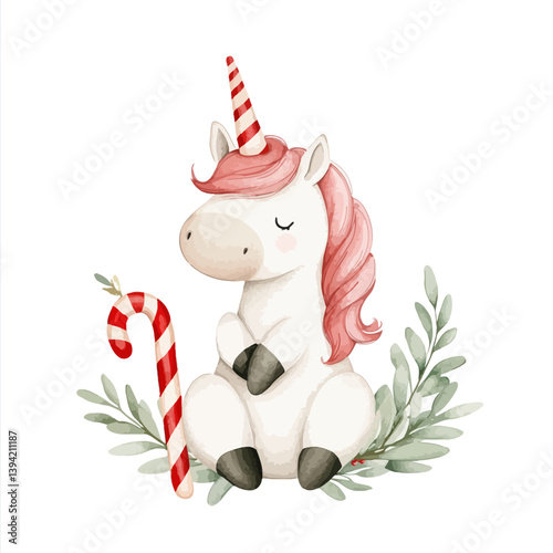 A Magical Christmas Unicorn with candy cane: A cute, adorable unicorn, the embodiment of Christmas cheer, sits peacefully alongside a candy cane amidst leaves and a vibrant illustration.