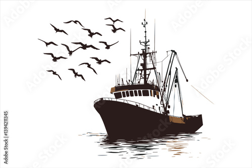 Fishing Boat and bird Silhouettes set