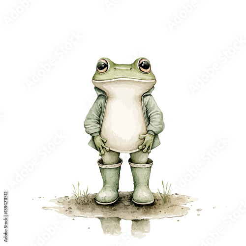 Frog in Raincoat and Boots: Charming watercolor illustration featuring a frog, perfectly dressed in a miniature raincoat and boots, standing on a small patch of earth, evoking whimsical joy.