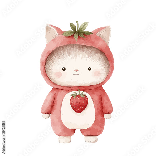 Whimsical Kitten in Strawberry Costume: A charming kitten is dressed in a delightful strawberry costume, radiating cuteness and charm, evoking a sense of joy and playfulness.