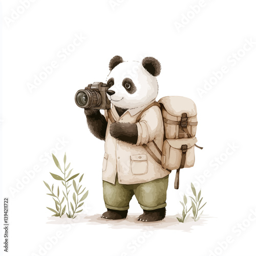 Adventure Panda: a delightful illustration of a panda bear, ready for adventure with a camera, embodying the spirit of travel and exploration.