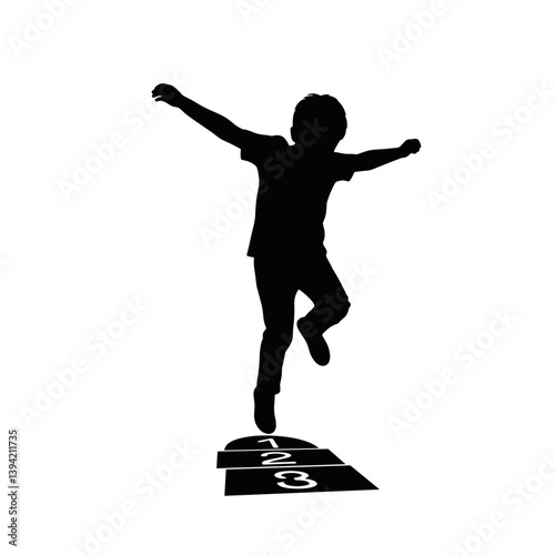 Child jumping joyfully on hopscotch game silhouette  
